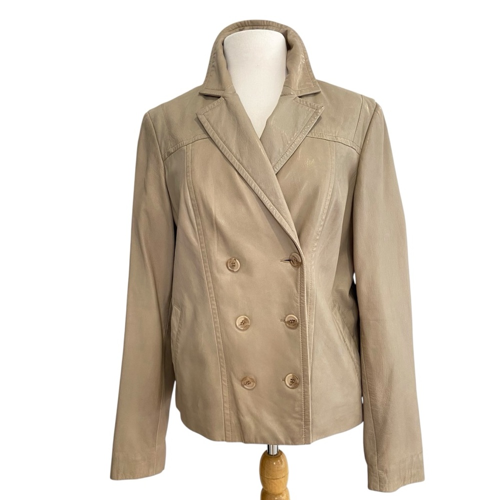 Classic Danier genuine leather tan beige blazer jacket women large double breast